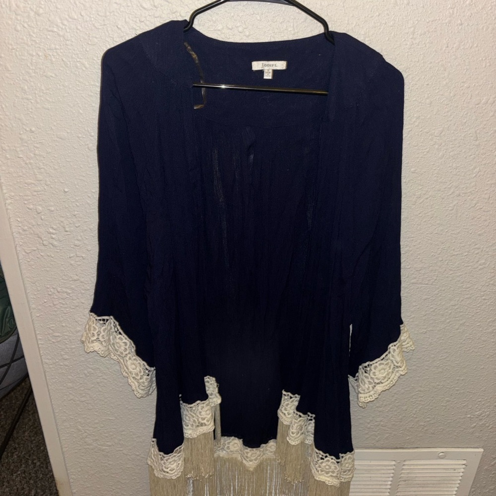 JODIFL Navy Cardigan with Fringe and Lace Size Small